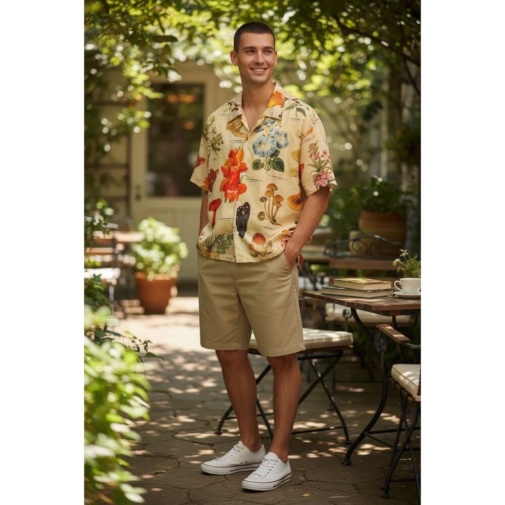 MNML Botanical Mushroom Print Button Up Shirt XL Nature Art